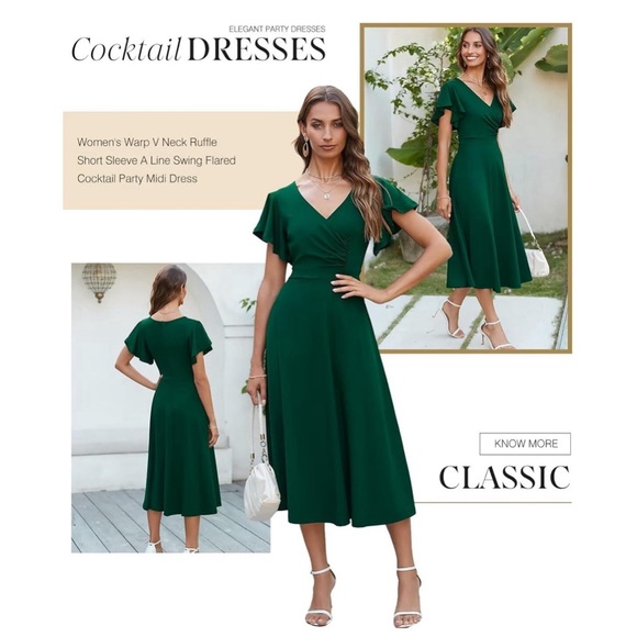 NWT Elegant Boutique Dark Green V-Neck Midi Dress Flutter Sleeves. Gorgeous XL - Picture 2 of 5